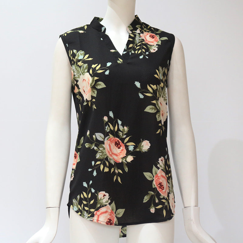 Sleeveless floral print V-neck chiffon shirt