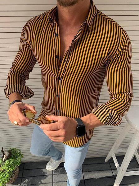 Striped long sleeve button lapel casual shirt