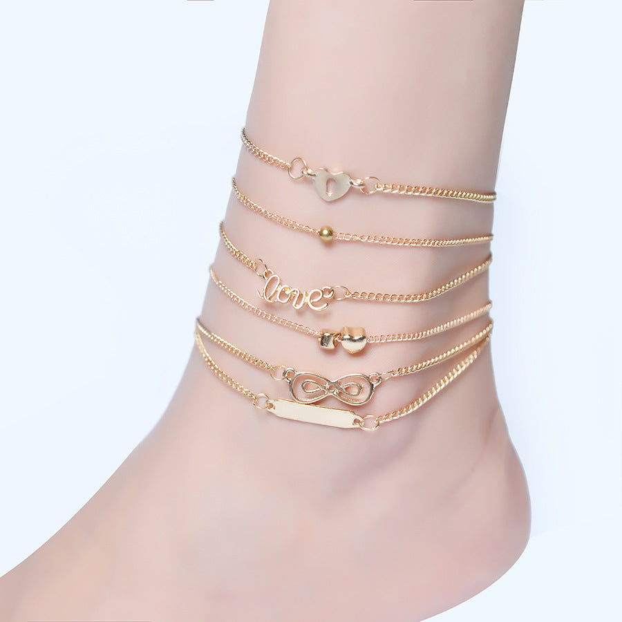 Heart-Shaped 8-Character Love Six-Piece Anklet Female