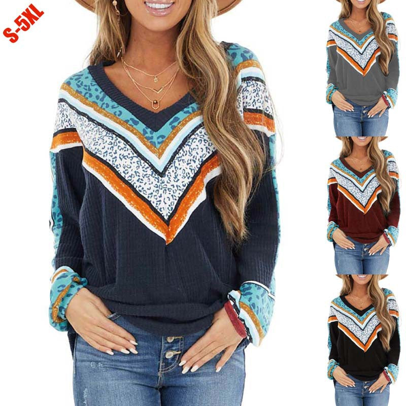 Printed V-neck pullover long sleeve top