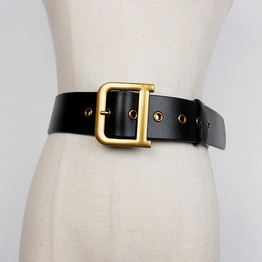 Designer Bella Hadid D Letter Aged Gold Tone Genuine Leather Velvet Eyelet Belt