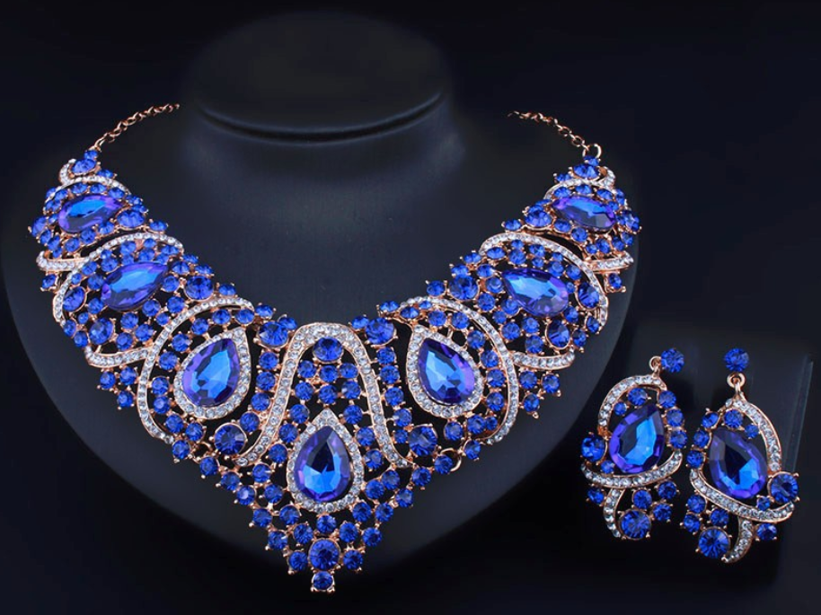 Crystal Rhinestone Necklace Earrings Set Chain African Bridal Jewelry SetStyle