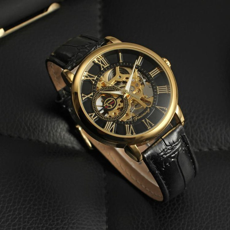 Hollow Mechanical Skeleton Transparent Style Leather Wrist Watch