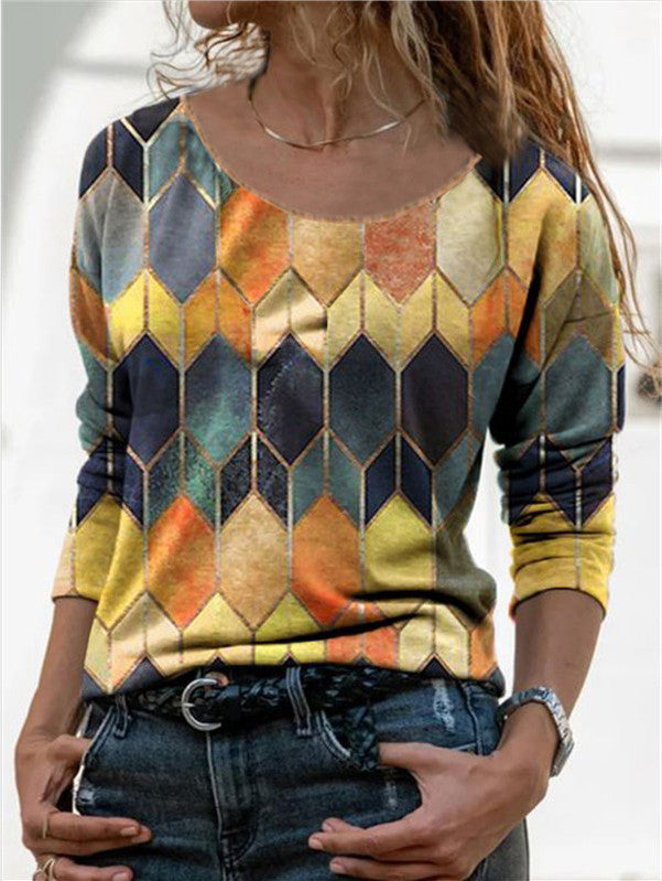 Long sleeve retro geometric print casual top T-shirt