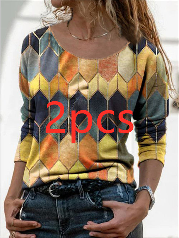 Long sleeve retro geometric print casual top T-shirt