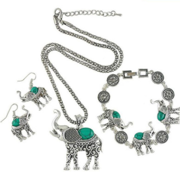 European and American retro turquoise elephant carved three-piece suit jewelry