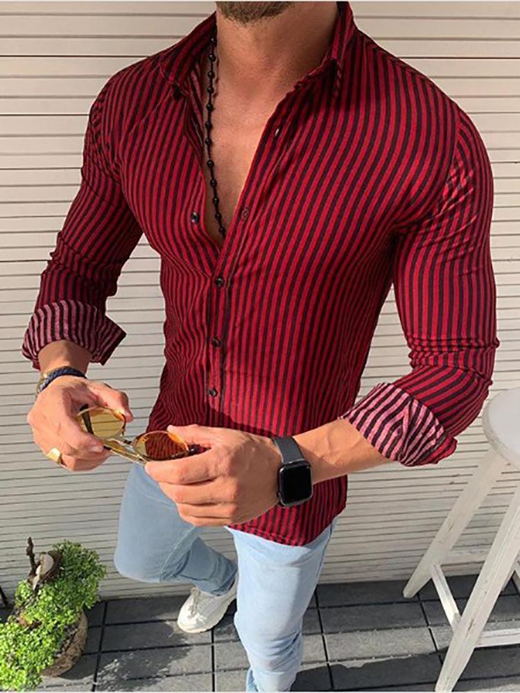 Striped long sleeve button lapel casual shirt