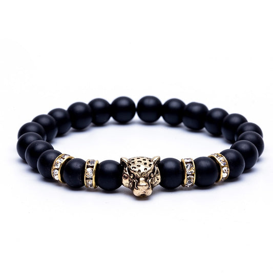 8mm Natural Stone Lava Stone Bead Bracelet For Men Leopard Head Leopard Pendant Charm Bracelet Handmade Jewelry