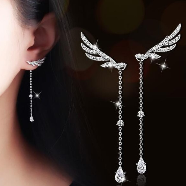 Sterling Silver Earrings Angel Wings Long Tassel Drop Earrings