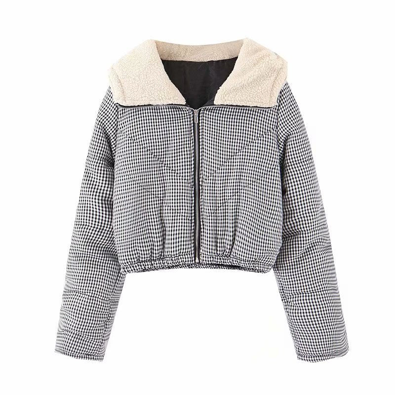 Large lapel short plaid jacket coat hooded cotton coat