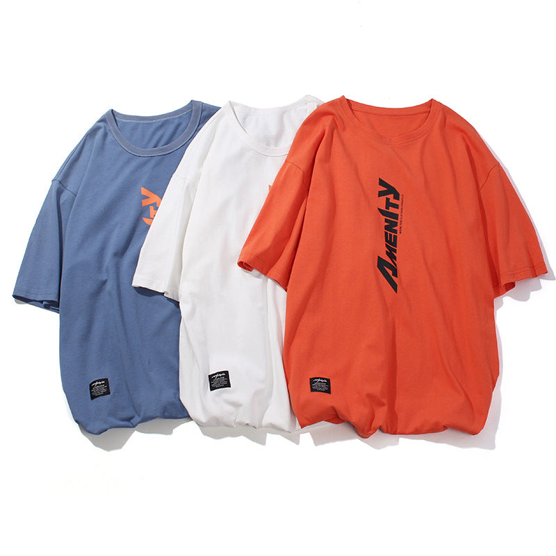 Solid Color A Loose T-Shirt With A Round Neck Print