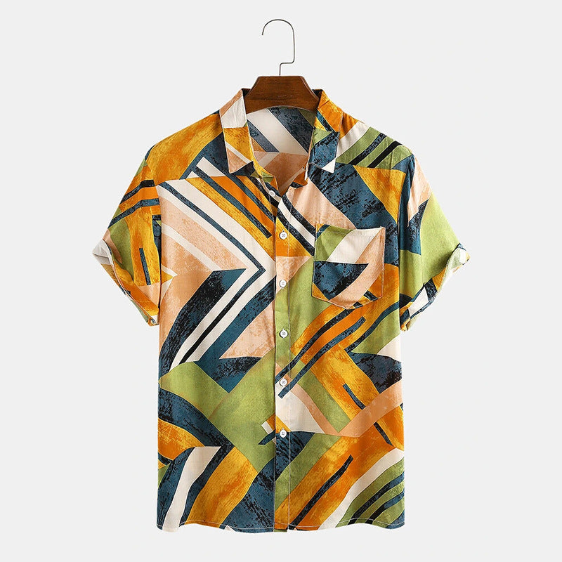 Geometric color block beach casual men's shirt