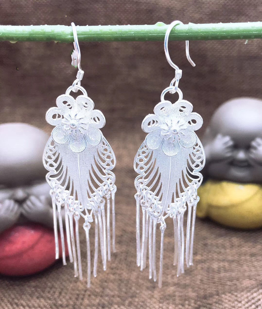 Flower tassel sterling silver earrings