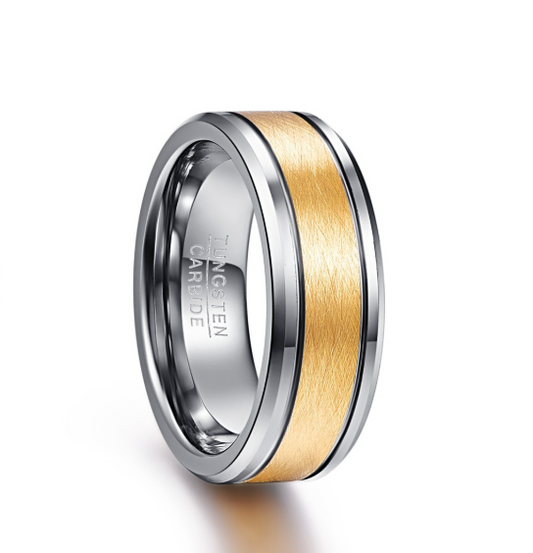 Men's 8mm Gold Color Brushed Center Two Grooves Tungsten Carbide Wedding Band Rings Beveled Edge