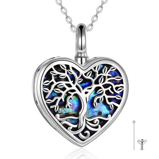 Sterling Silver Urn for Ashes Tree of Life Cremation Heart Abalone Shell Memory Jewelry for Women