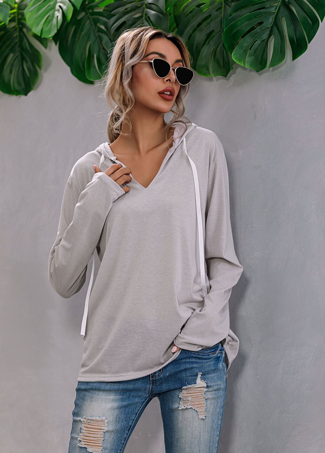 Irregular Solid Color Drawstring V-neck Sweater