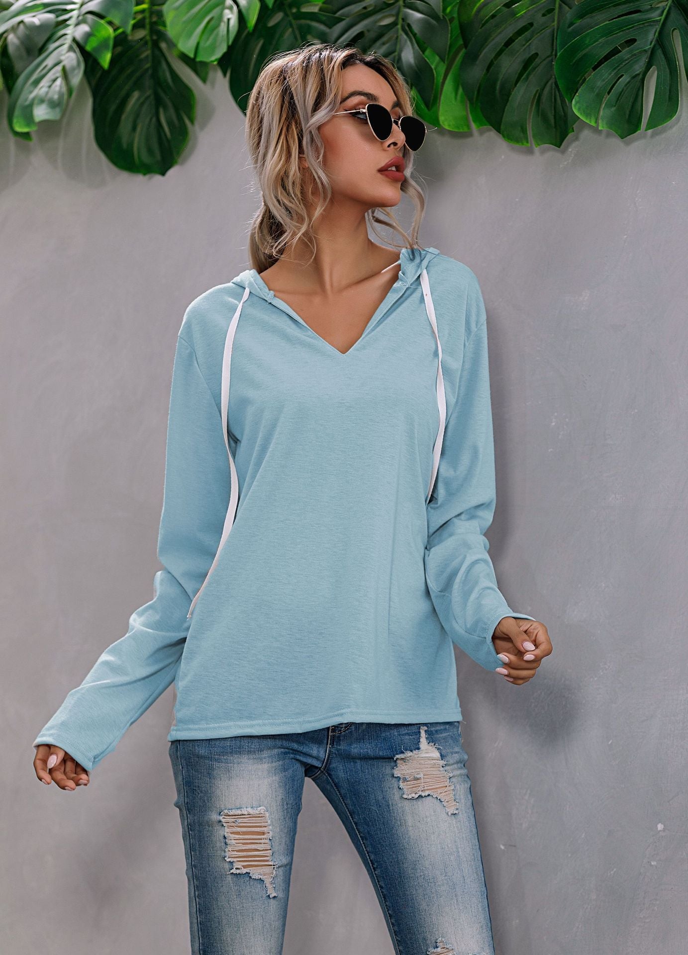 Irregular Solid Color Drawstring V-neck Sweater