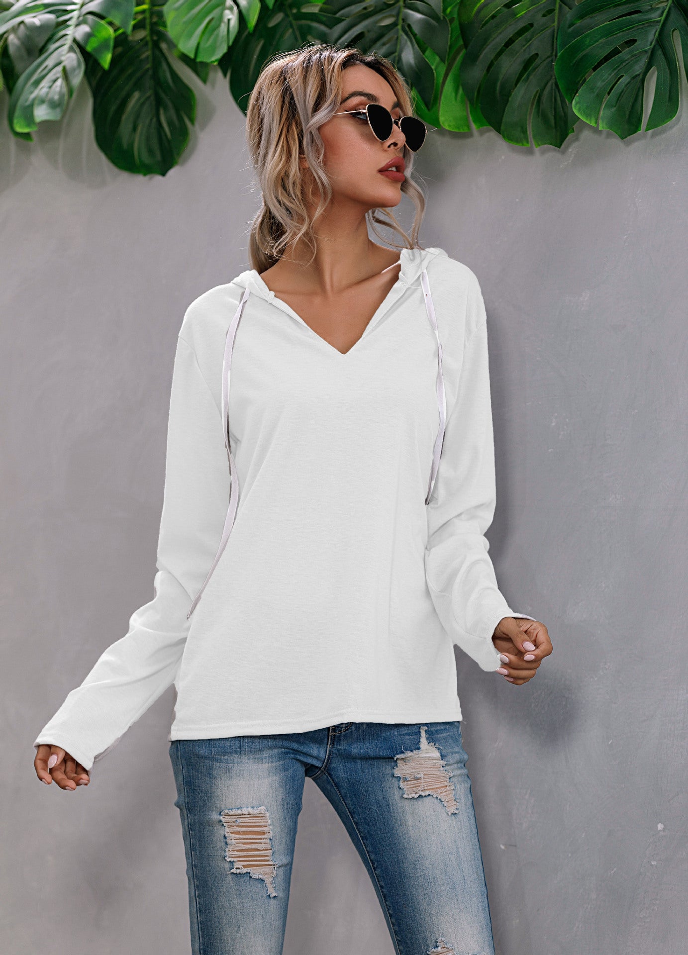 Irregular Solid Color Drawstring V-neck Sweater