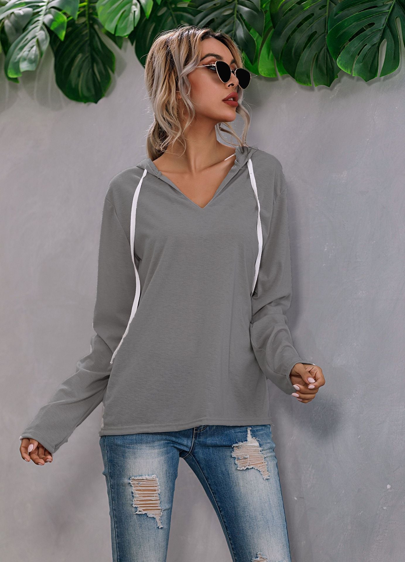 Irregular Solid Color Drawstring V-neck Sweater