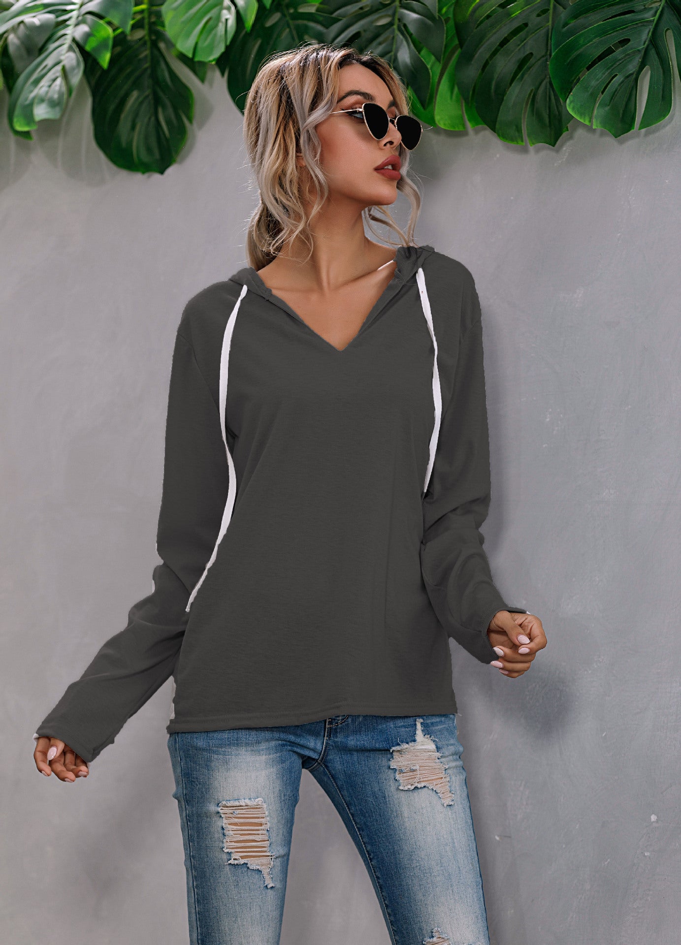 Irregular Solid Color Drawstring V-neck Sweater