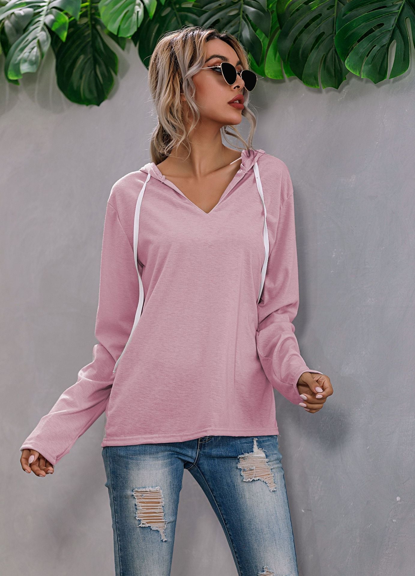 Irregular Solid Color Drawstring V-neck Sweater