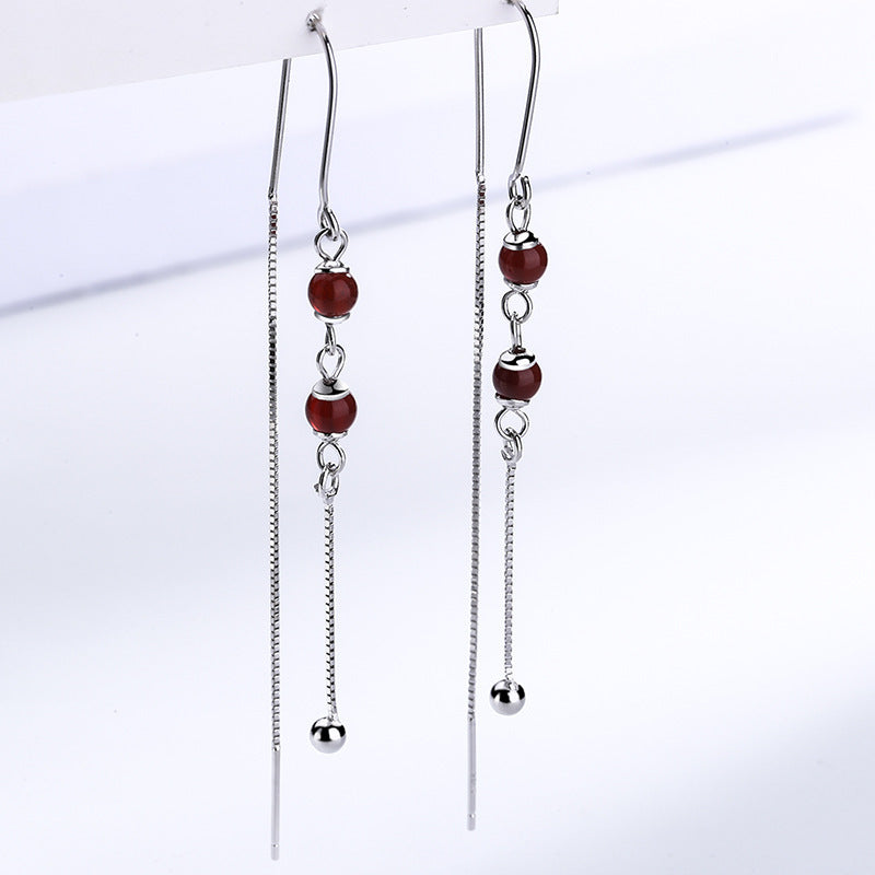 Pure Silver Earrings Natural Red Agate Female Simple Long Tassel Earrings