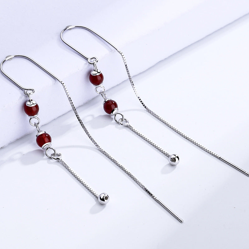 Pure Silver Earrings Natural Red Agate Female Simple Long Tassel Earrings