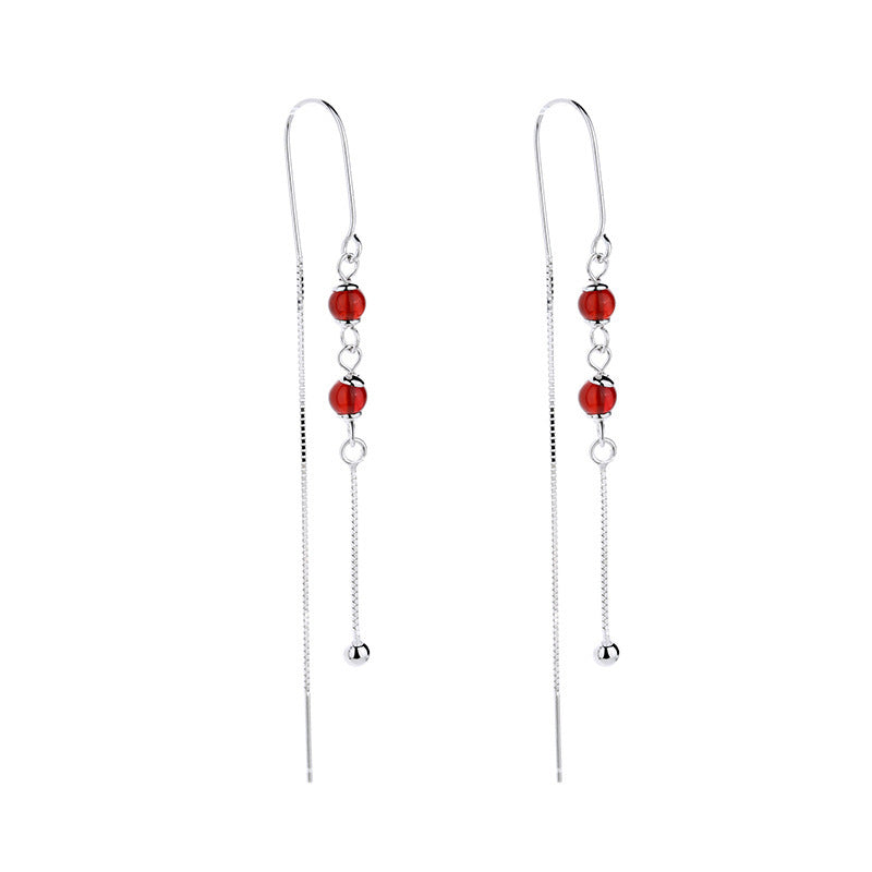 Pure Silver Earrings Natural Red Agate Female Simple Long Tassel Earrings