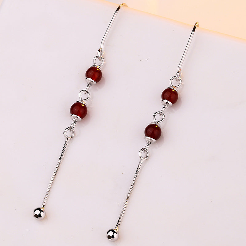 Pure Silver Earrings Natural Red Agate Female Simple Long Tassel Earrings