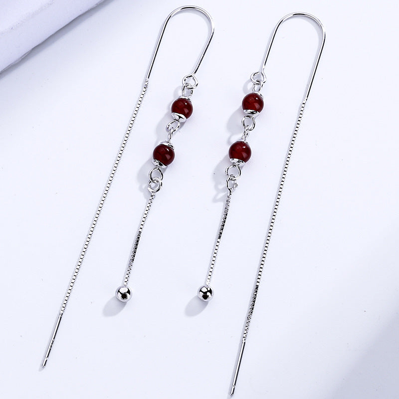 Pure Silver Earrings Natural Red Agate Female Simple Long Tassel Earrings