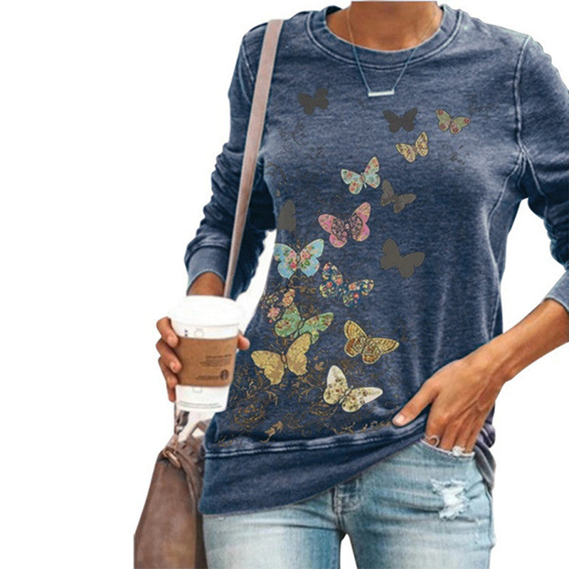 Round Neck Printed Long-Sleeved T-Shirt Women