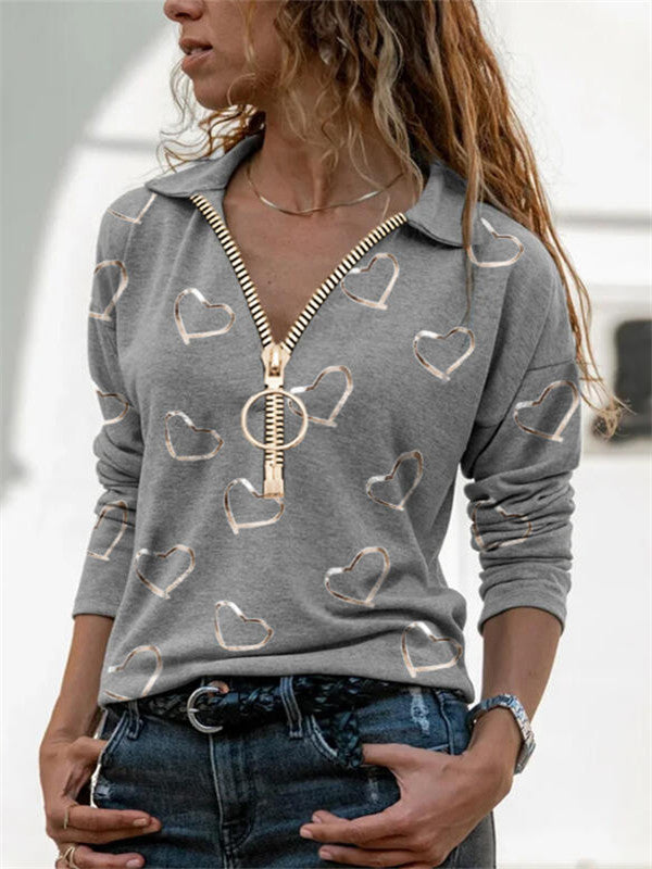 Love Digital Printing V-Neck Zipper Long Sleeves