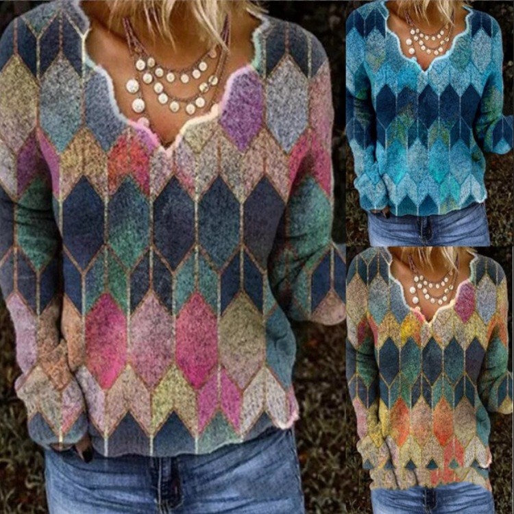 Printed Long Sleeve V-Neck Sweater Women