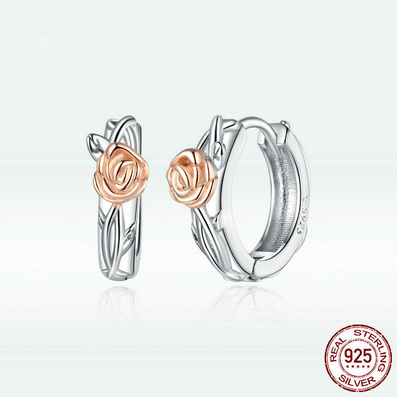 Sterling Silver Rose Vine Earrings Female Elegant Plant Earrings