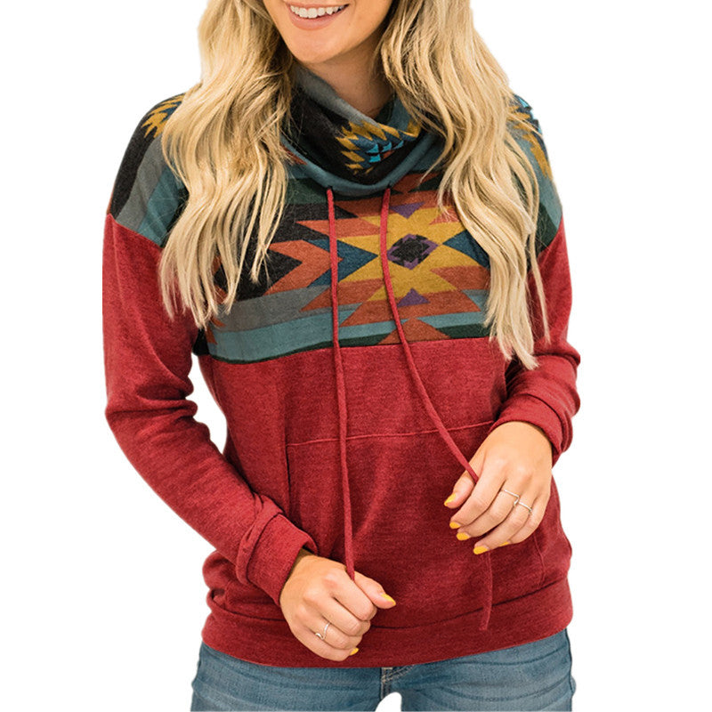 Sun Totem Printed Ethnic High-neck Hooded Sweater