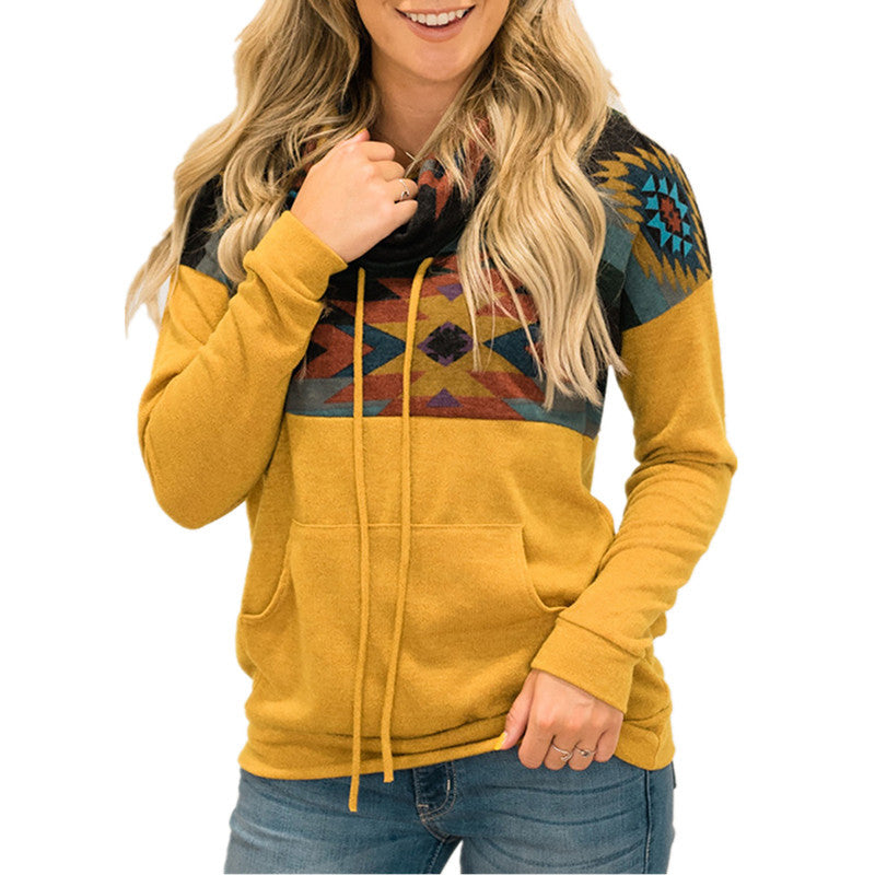 Sun Totem Printed Ethnic High-neck Hooded Sweater