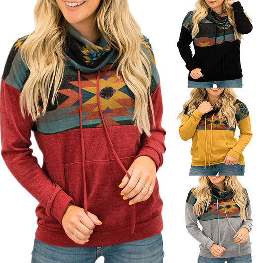 Sun Totem Printed Ethnic High-neck Hooded Sweater