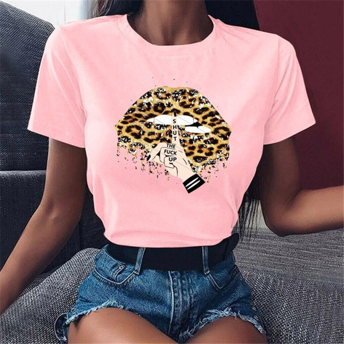 Women's top with leopard lips pattern