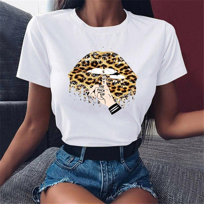 Women's top with leopard lips pattern