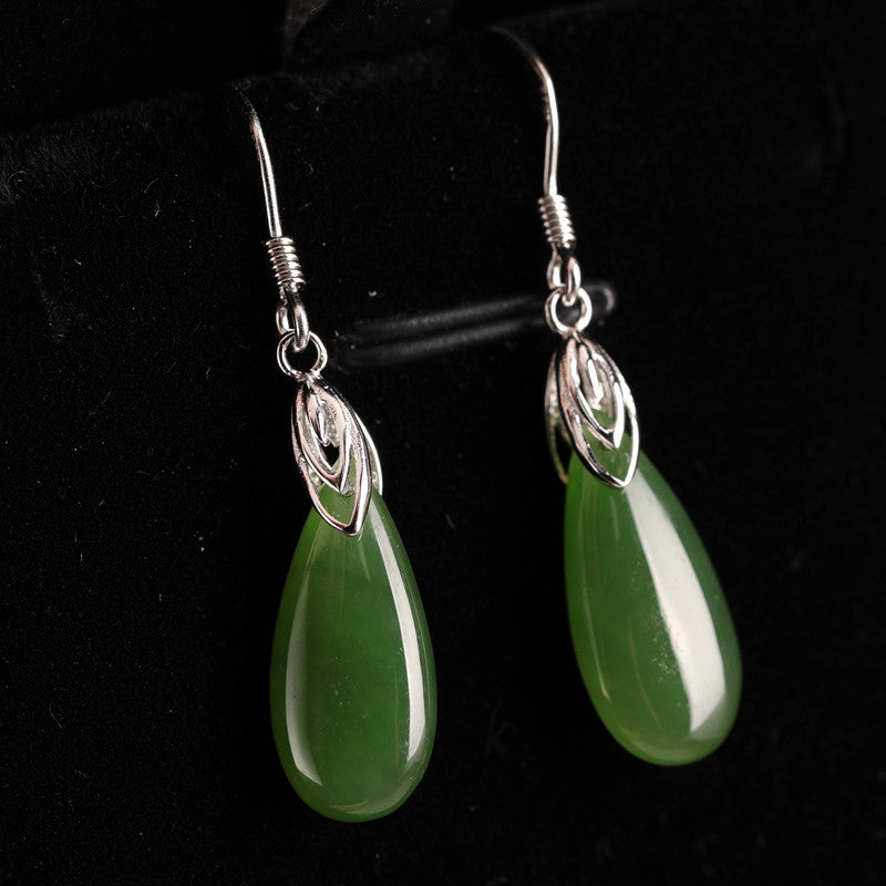 Women's Long Drop Jade Earrings With Vintage Earrings in Sterling Silver