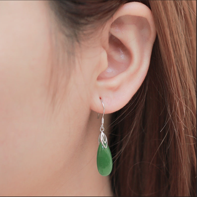 Women's Long Drop Jade Earrings With Vintage Earrings in Sterling Silver