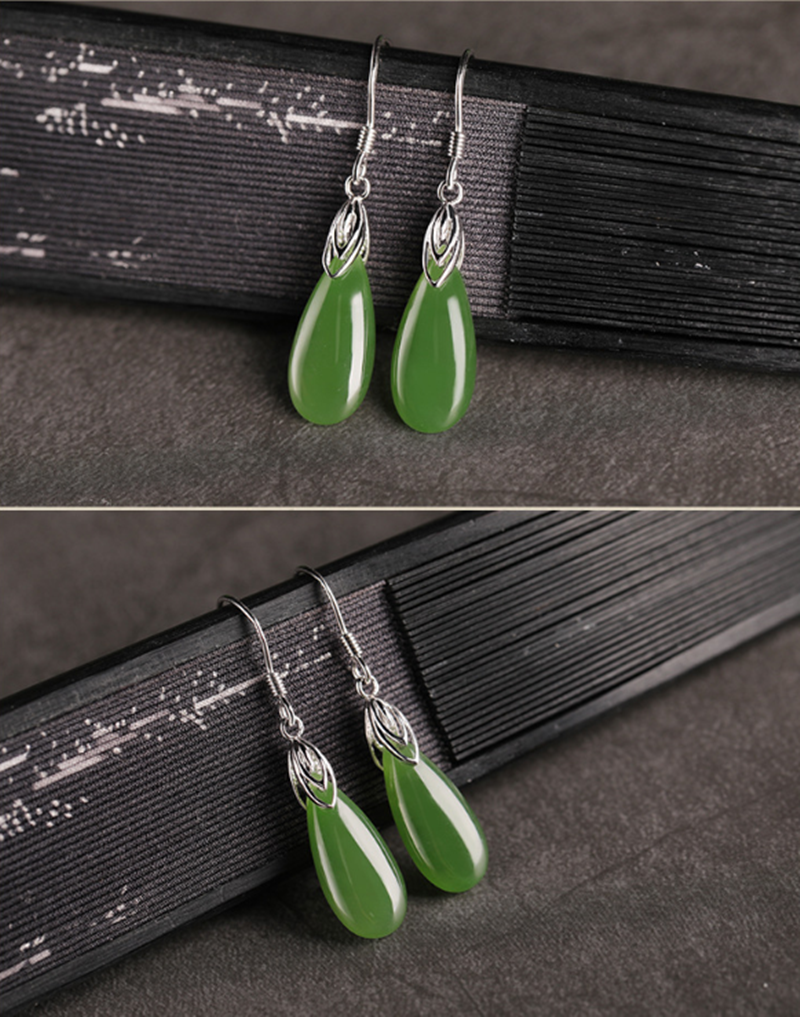 Women's Long Drop Jade Earrings With Vintage Earrings in Sterling Silver