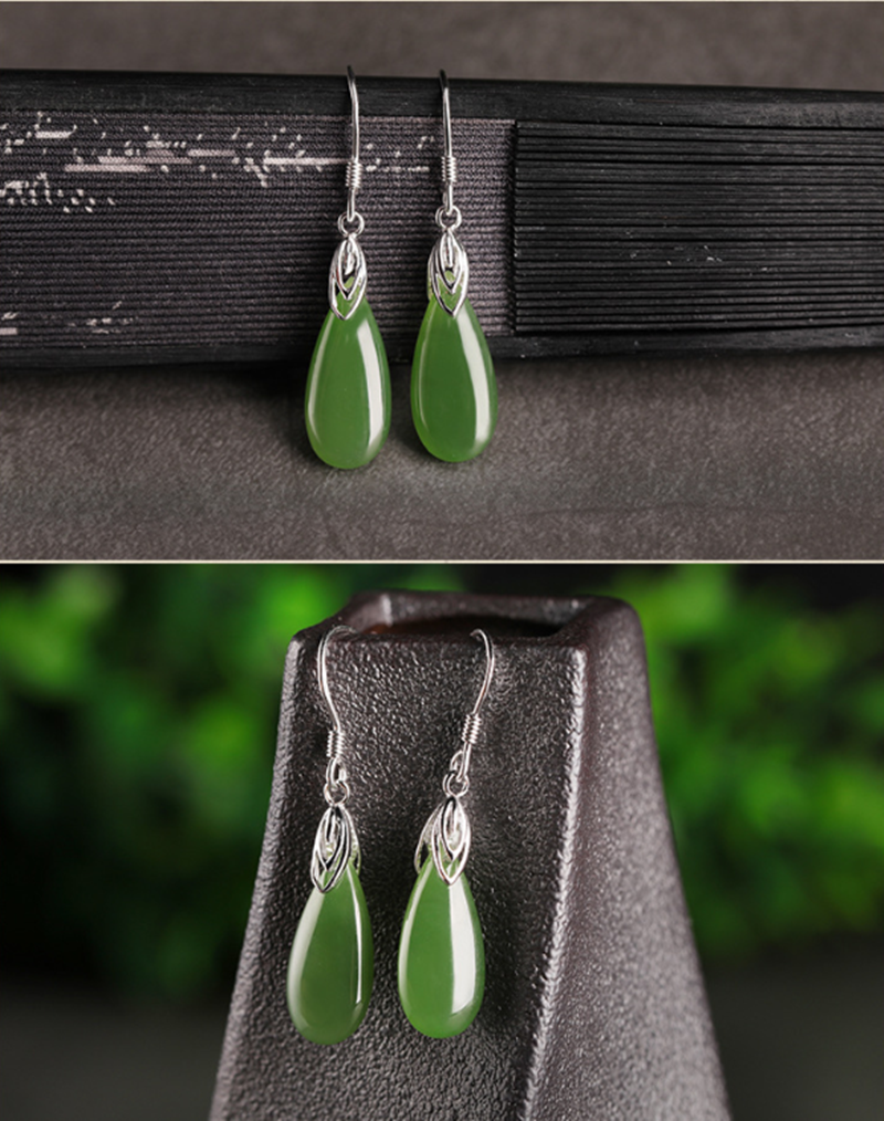 Women's Long Drop Jade Earrings With Vintage Earrings in Sterling Silver