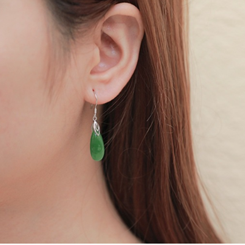 Women's Long Drop Jade Earrings With Vintage Earrings in Sterling Silver