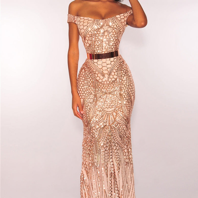 One-Line Neck Fish Scale Sequined Backless Sexy Slim Dress