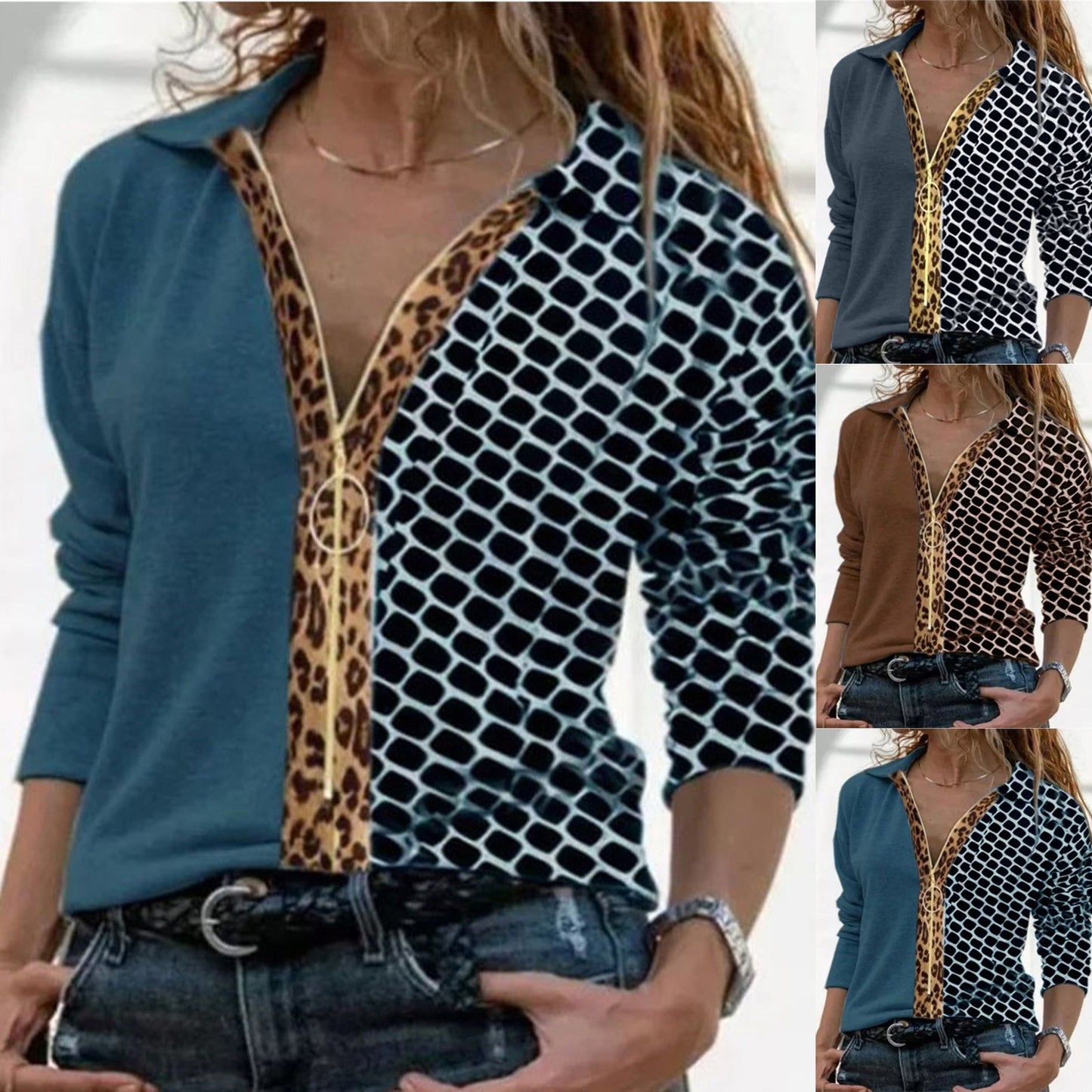 Leopard Print Stitching Long-sleeved Zipper Shirt Women