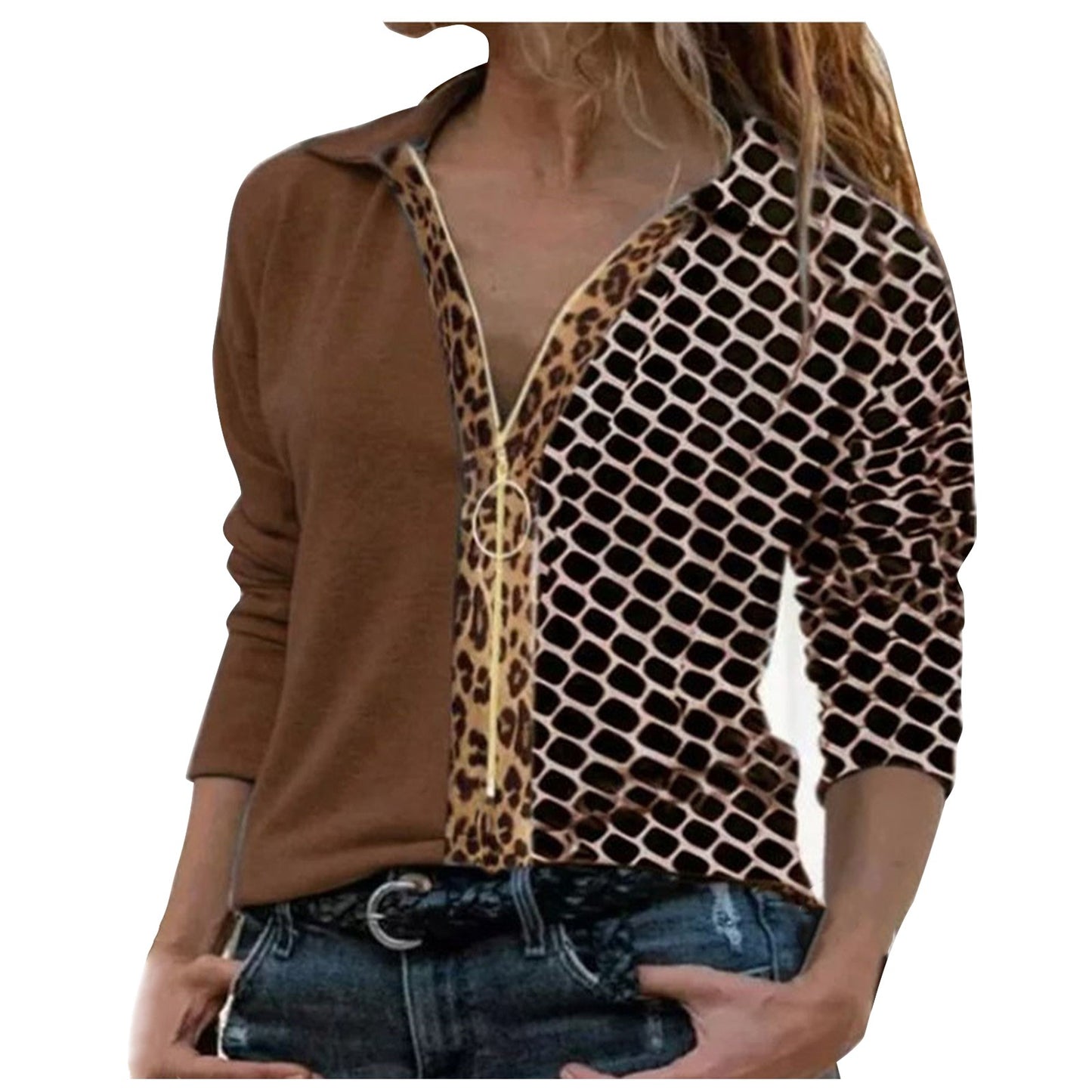 Leopard Print Stitching Long-sleeved Zipper Shirt Women