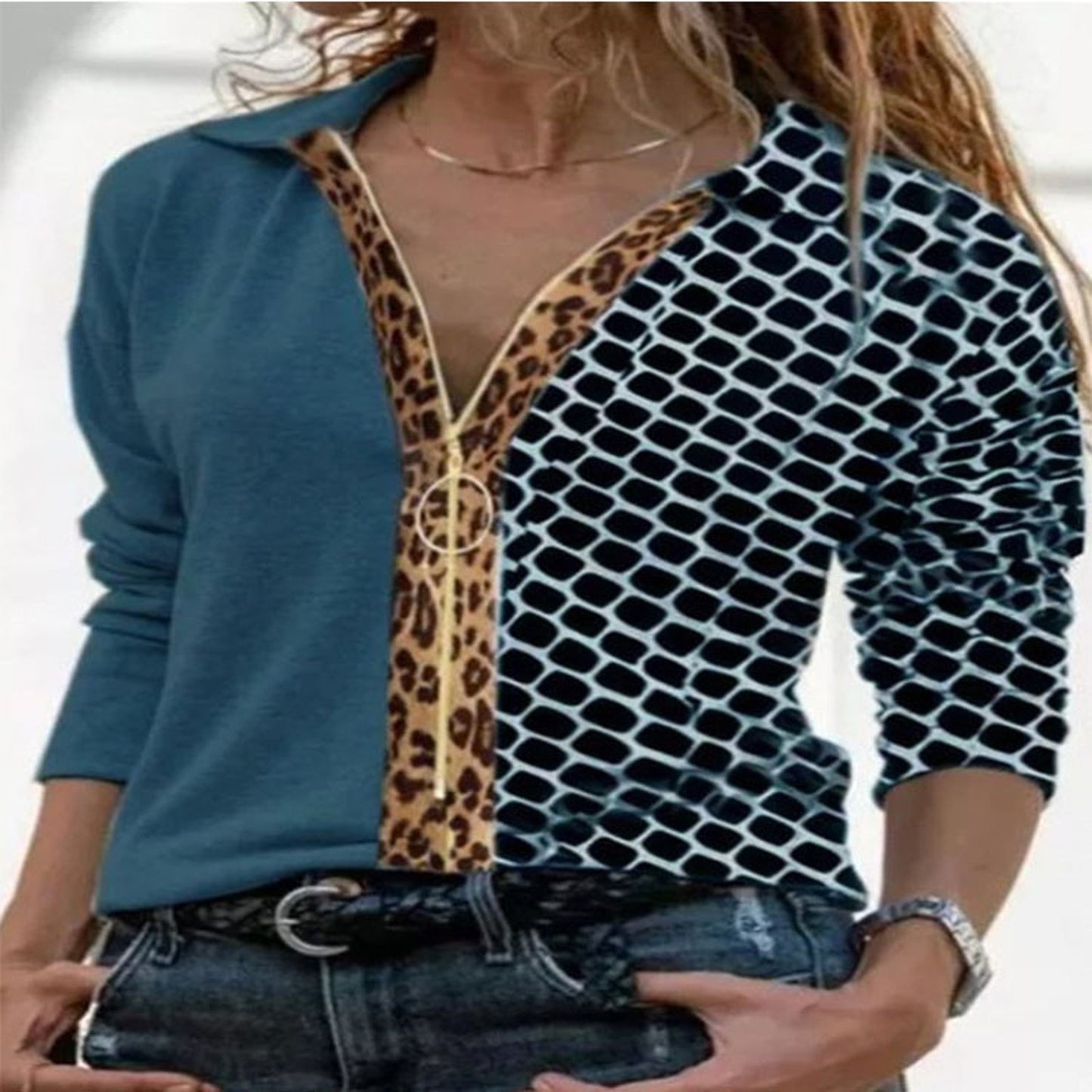 Leopard Print Stitching Long-sleeved Zipper Shirt Women