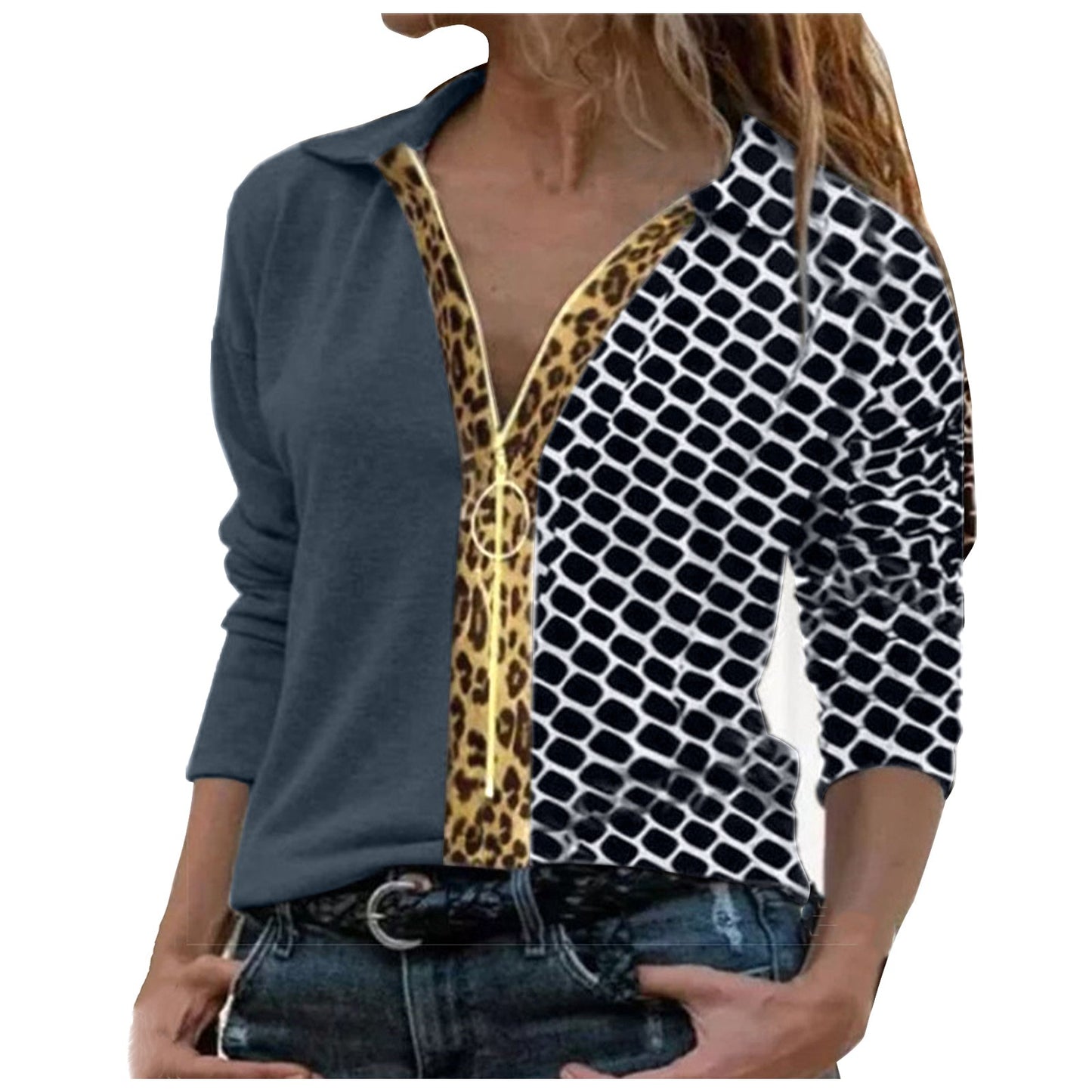 Leopard Print Stitching Long-sleeved Zipper Shirt Women