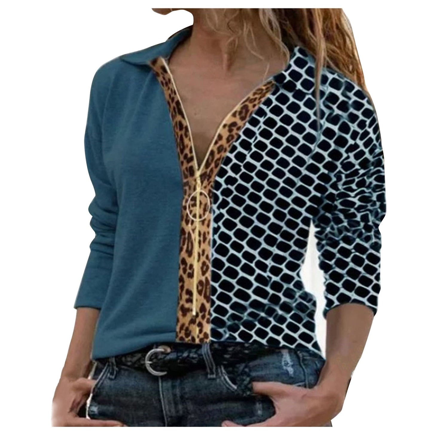 Leopard Print Stitching Long-sleeved Zipper Shirt Women